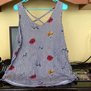 Loft XL Blue & White Striped Tank w Floral Design